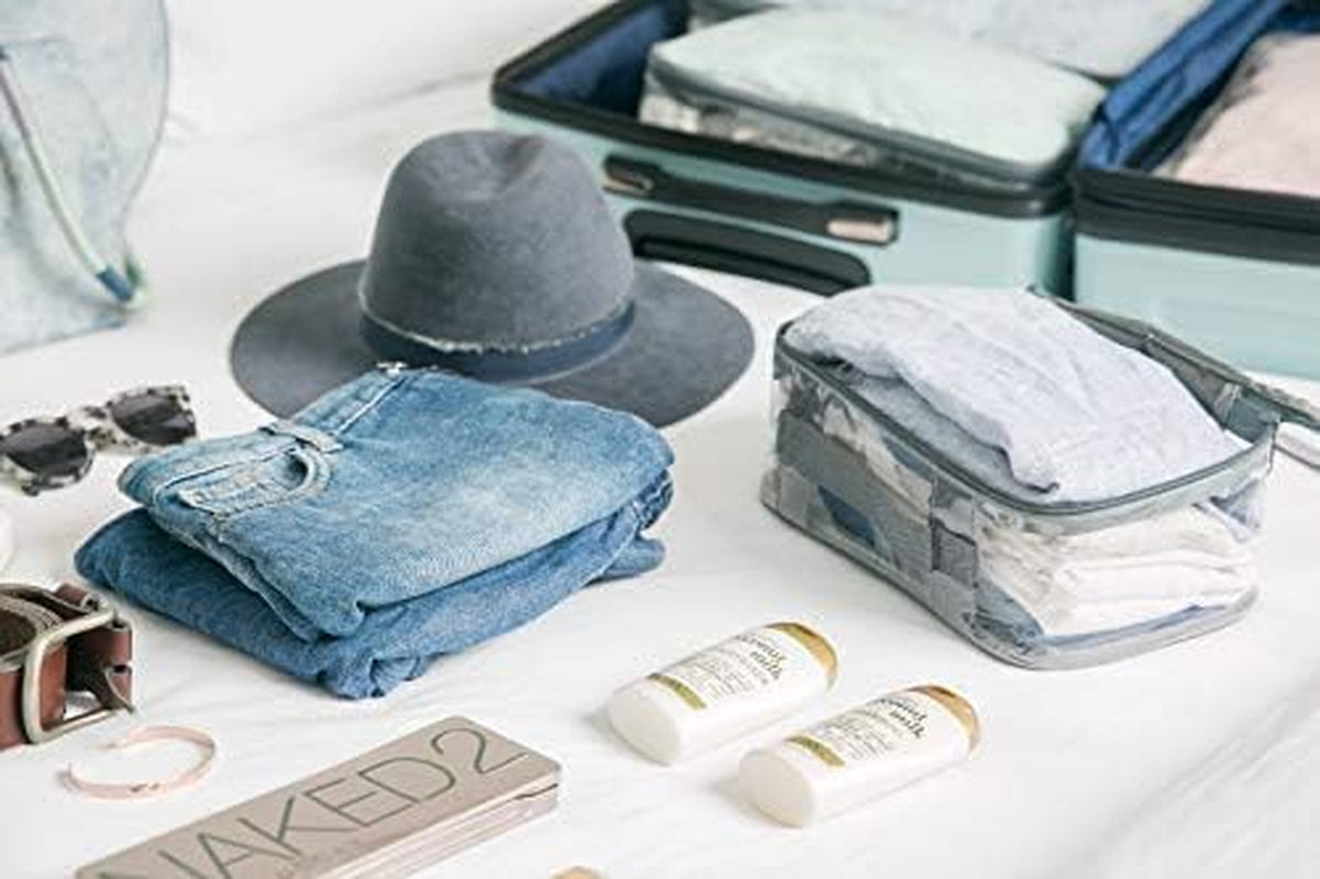 Small Clear Travel Packing Cube/See through PVC Plastic Pouch for Carry on Suitcase, Backpack or Diaper Bag/Transparent Multipurpose Accessories, Makeup & Underwear Organizer W/Handle (Black)